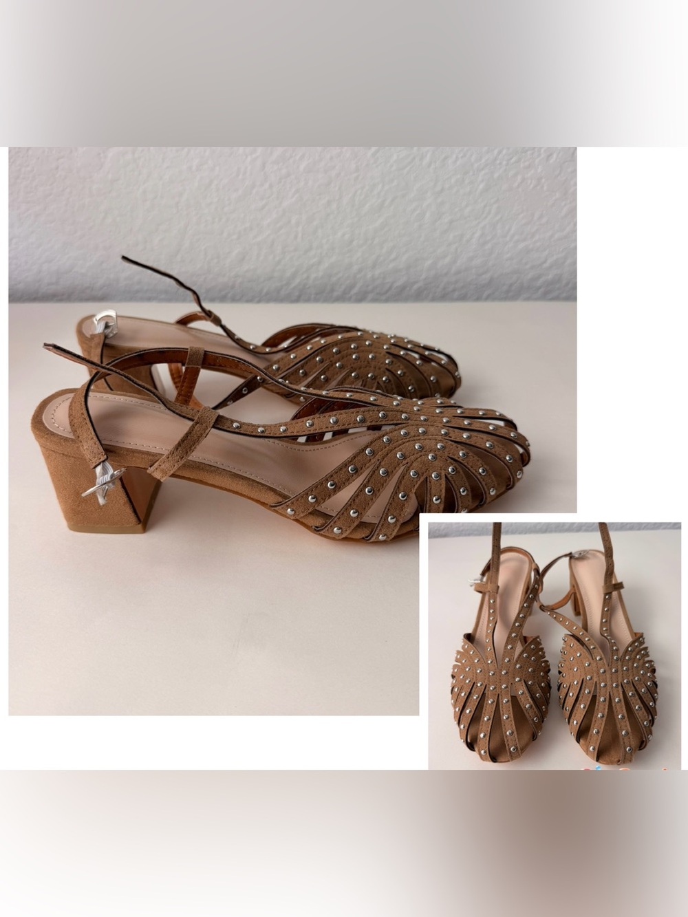 New Tan Suede Studded Slingback Block Heels Size 8 | Wide Fit Western Pumps